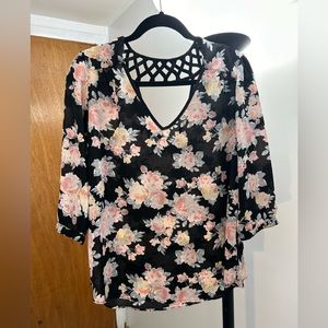 Deep V Neck Criss Cross Accented Floral Blouse